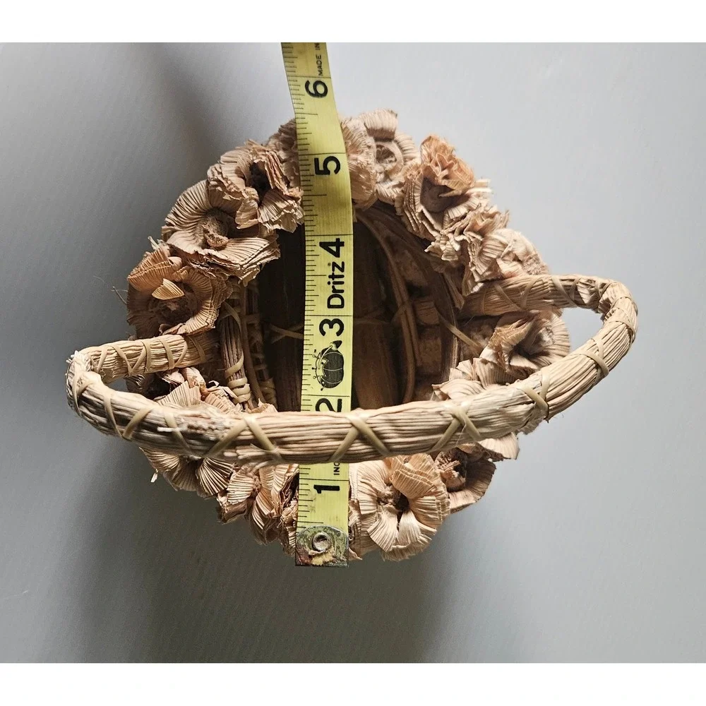 Vintage Natural Corn Husk and Cob Decorative Basket with Floral Trim Rustic Folk
